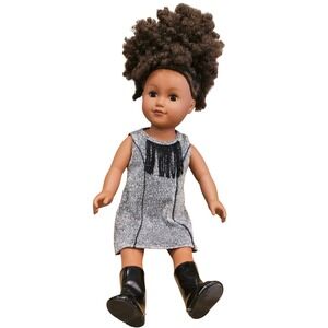 Our Generation 18 Inch Doll Silver Glitter Dress Black‎ Fringe Boots Brown Eyes
